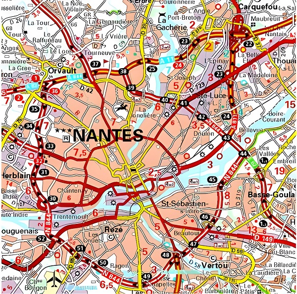 Carte routière de Nantes.