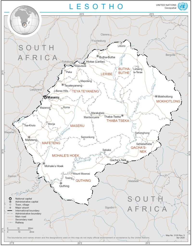 Carte des principales villes du Lesotho.