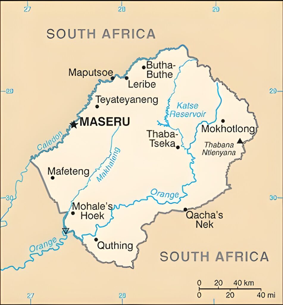 Carte des principales villes du Lesotho