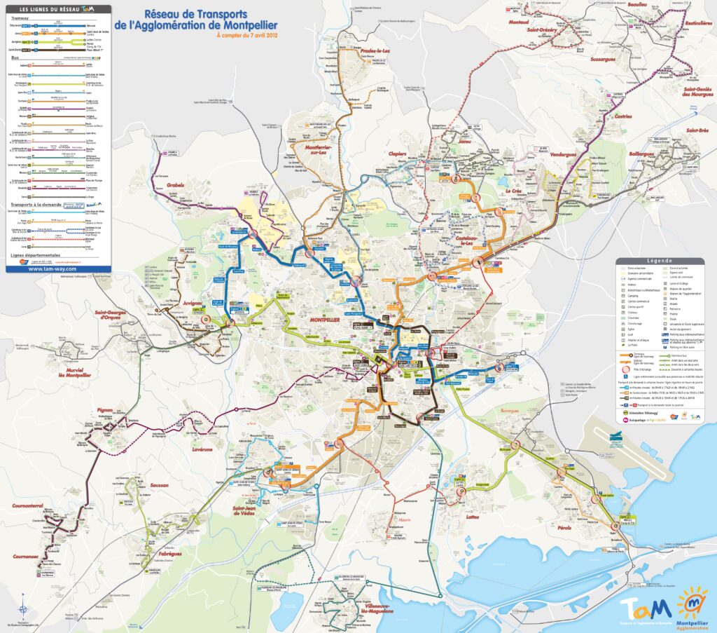 Plan du réseau de transport en commun de Montpellier.