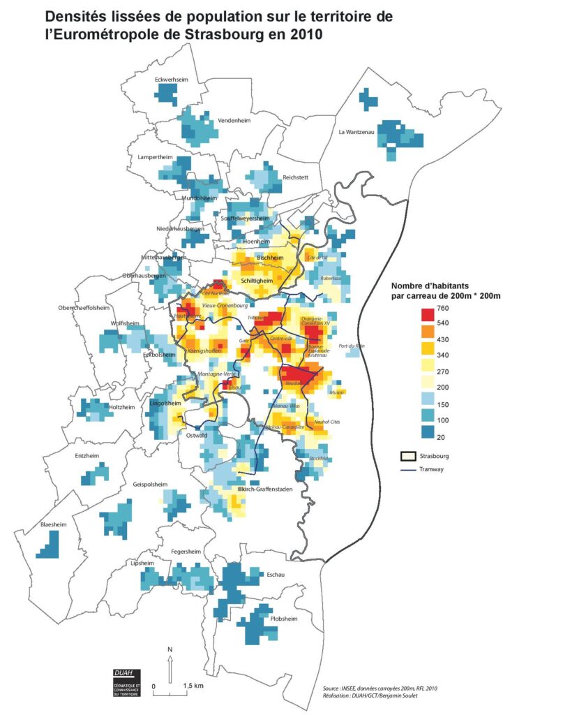Carte de densité de la population de l'Eurométropole de Strasbourg.