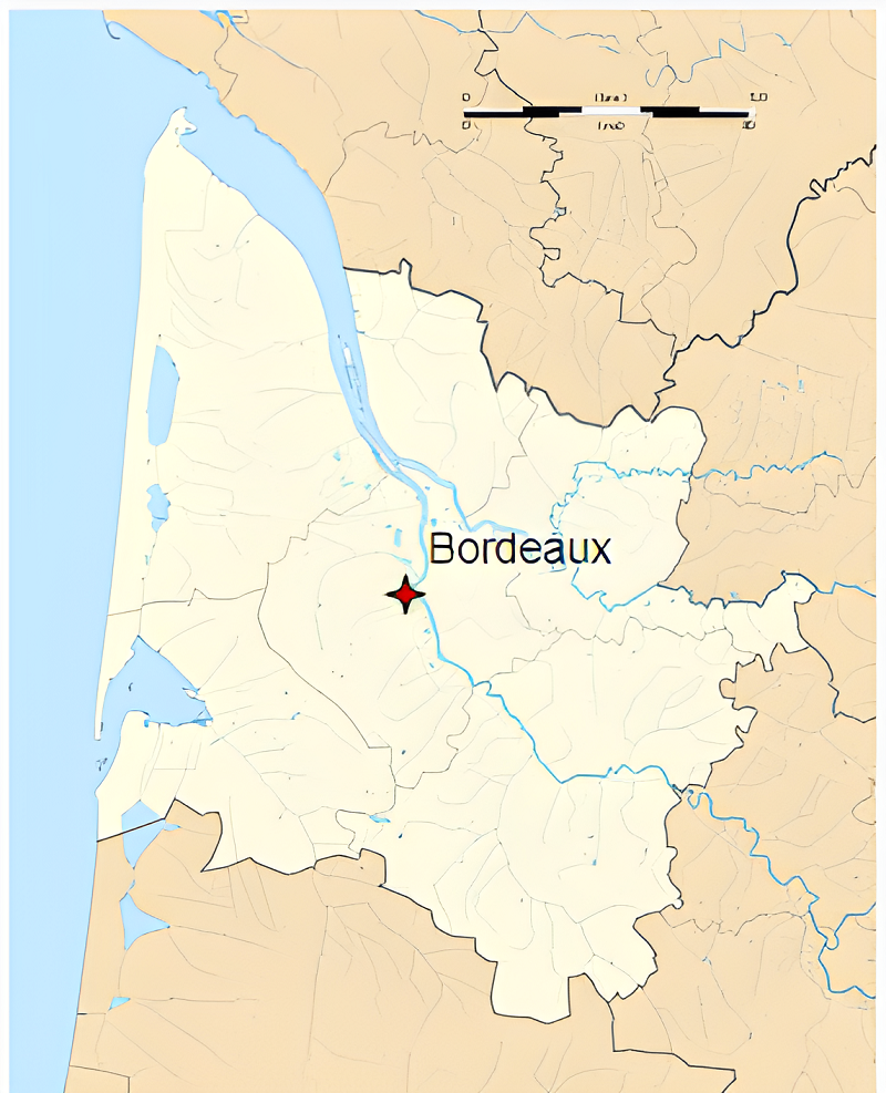 Plan de localisation de Bordeaux en Gironde.