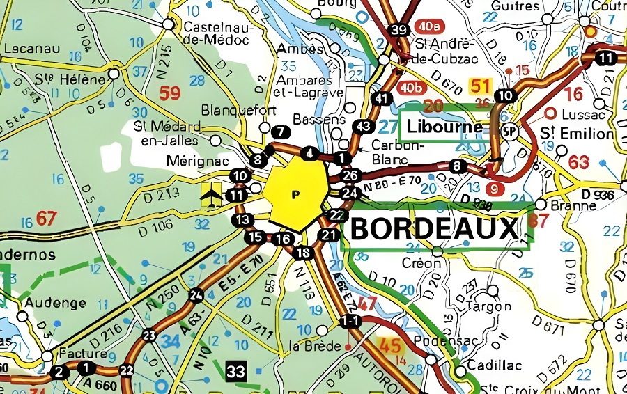 Carte routière de Bordeaux.