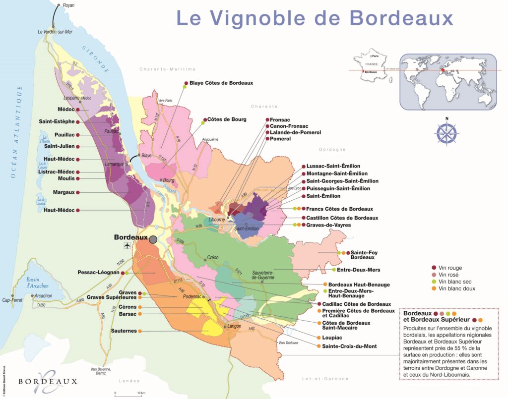 Carte viticole de la région de Bordeaux.