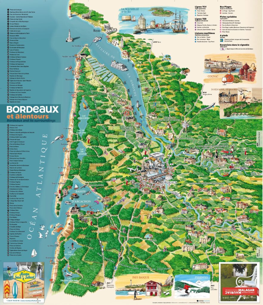 Carte touristique de Bordeaux et environs.