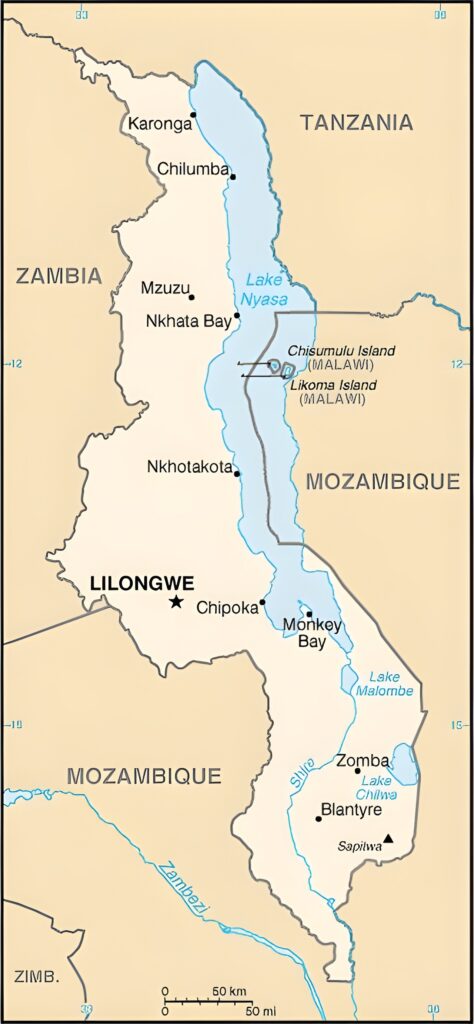 Carte des principales villes du Malawi