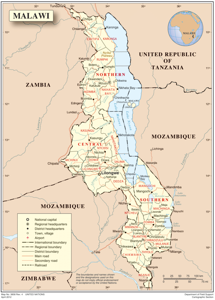 Carte des principales villes du Malawi.
