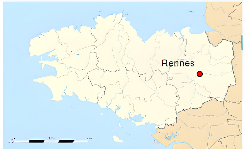 Plan de localisation de Rennes en Bretagne.
