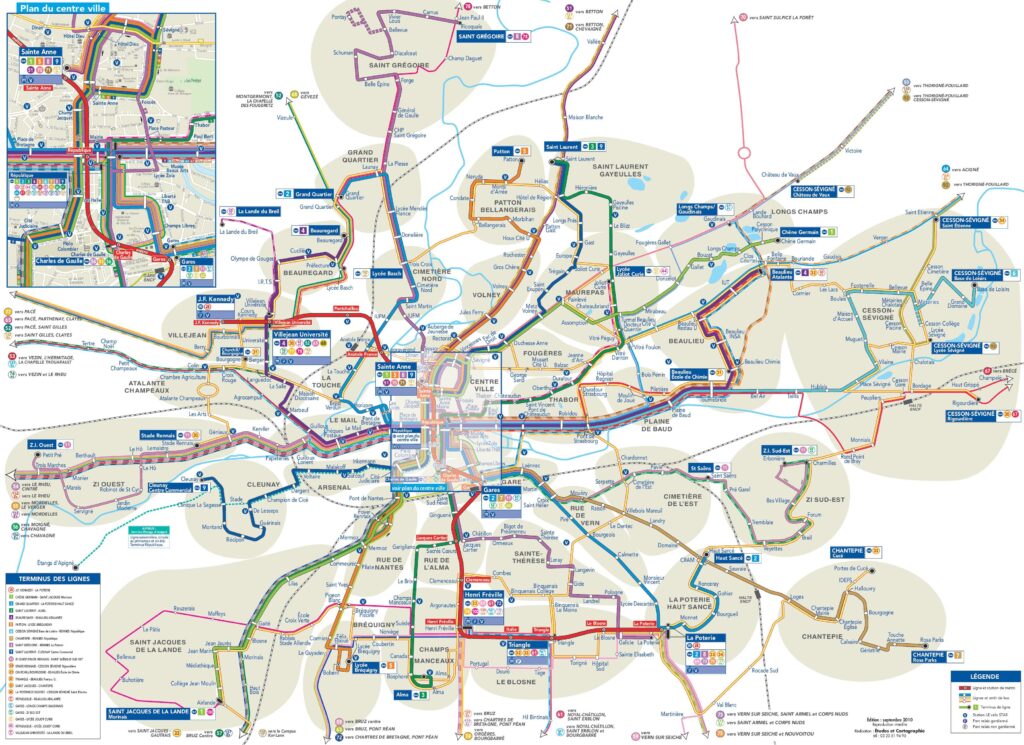 Carte des transports en commun de Rennes.