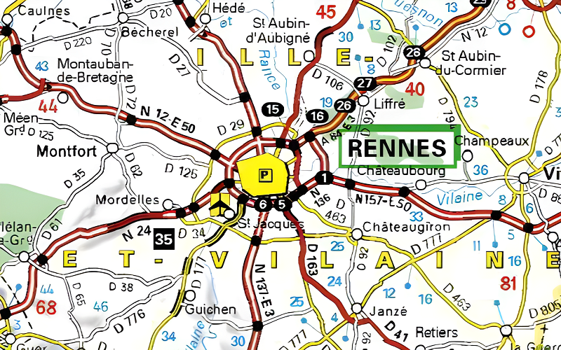 Carte routière de Rennes.