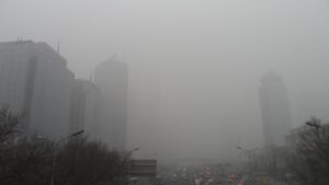 Smog dans le quartier central des affaires de Pékin.