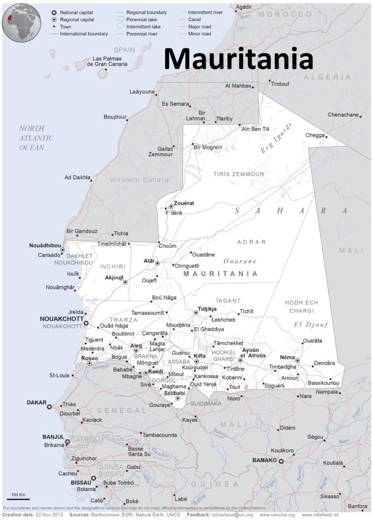Carte des principales villes de Mauritanie.