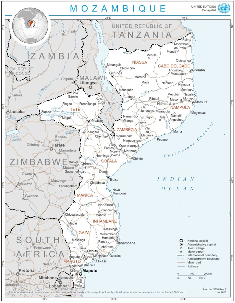 Carte des principales villes du Mozambique.