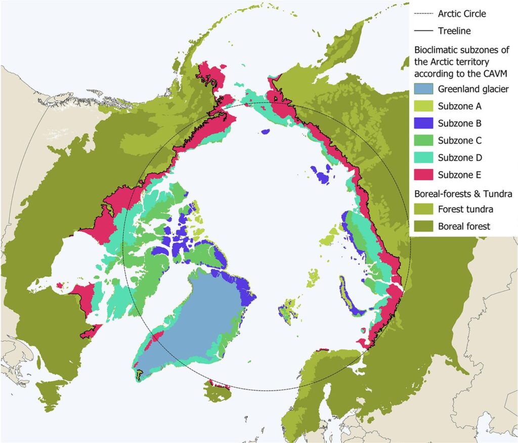 Carte des sous-zones bioclimatiques de l'Arctique.