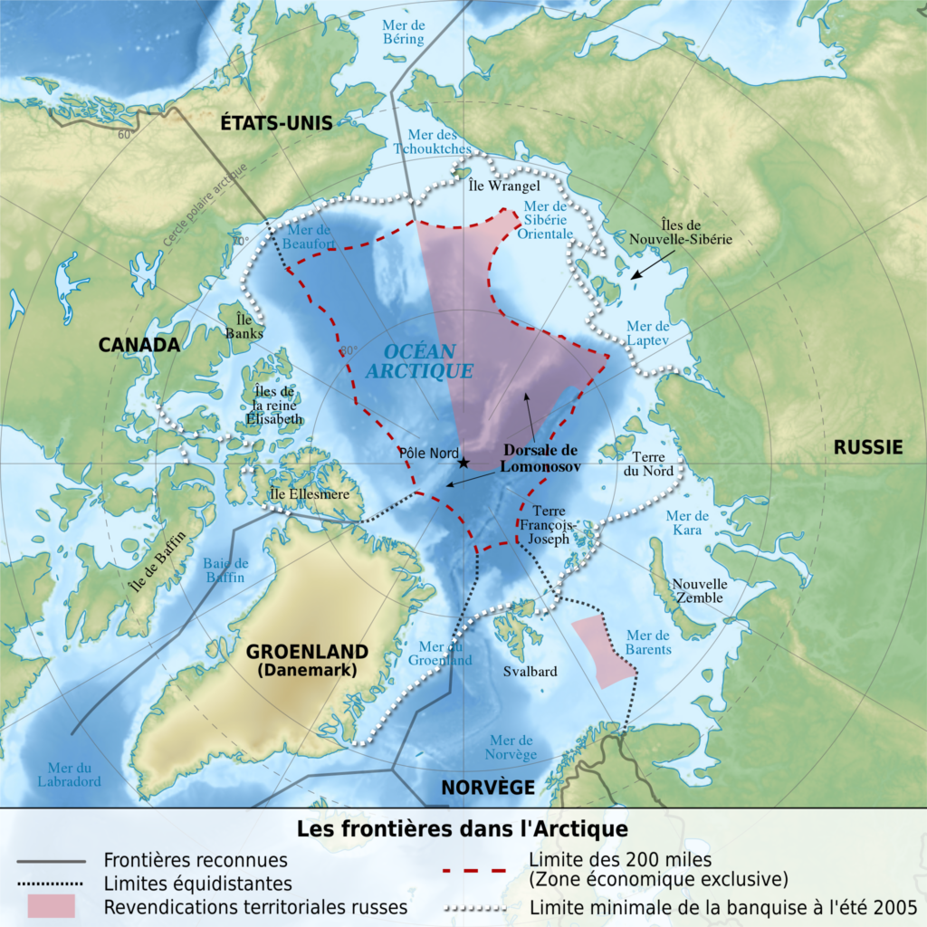 Carte des revendications territoriales dans l'Arctique.
