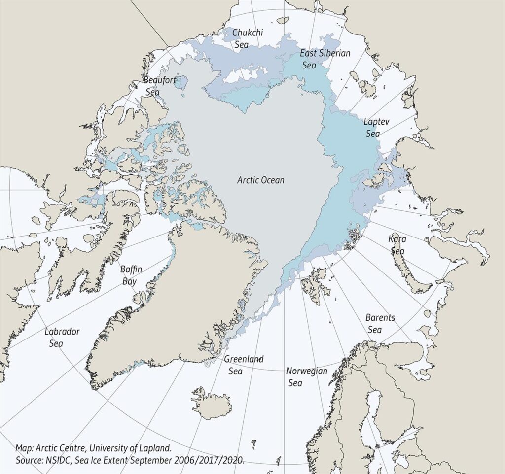 Carte de couverture de la banquise arctique en septembre 2020.