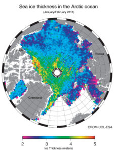 Carte de l'épaisseur de la glace de mer dans l'Arctique, janvier et février 2011.