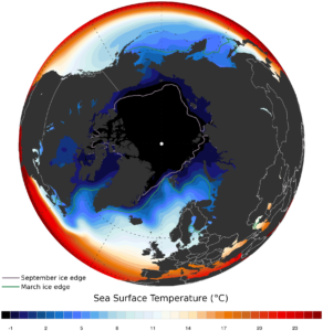 Carte de la température moyenne annuelle de la surface de la mer dans l'Arctique (1982-2009).