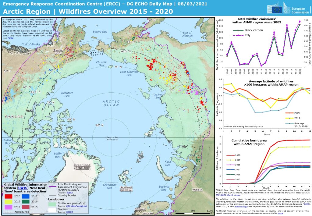 Carte des feux de forêt dans l'Arctique 2015-2020.