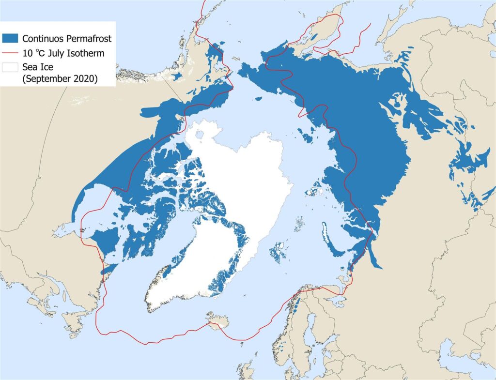 Carte du pergélisol dans l'Arctique.