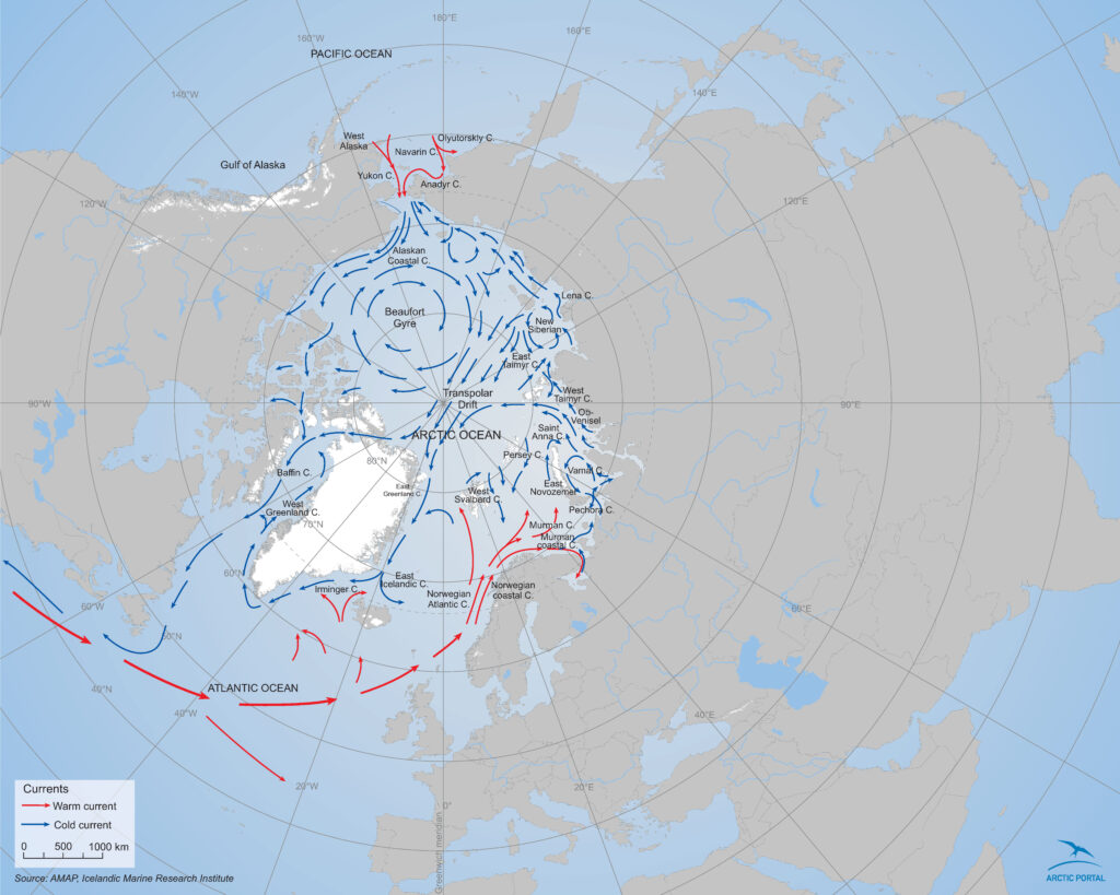 Carte des courants de l'océan Arctique.