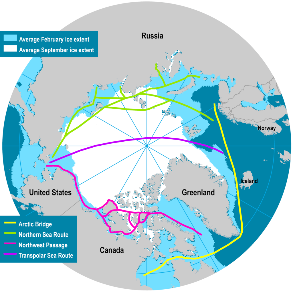Carte des routes maritimes de l'Arctique.