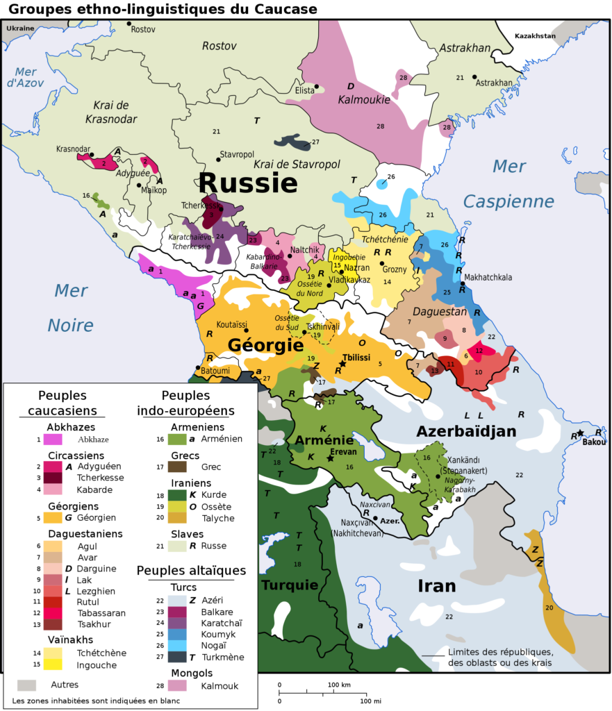 Carte des groupes ethno-linguistiques du Caucase.