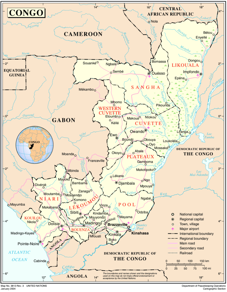 Carte des principales villes de la république du Congo.