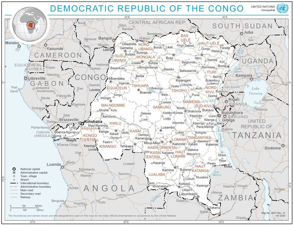 Carte des principales villes de la république démocratique du Congo.