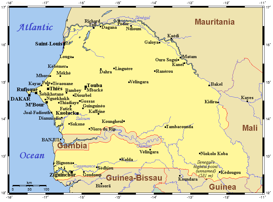 Carte des principales villes du Sénégal.