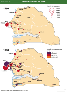 Croissance des villes entre 1960 et 1988 au Sénégal.