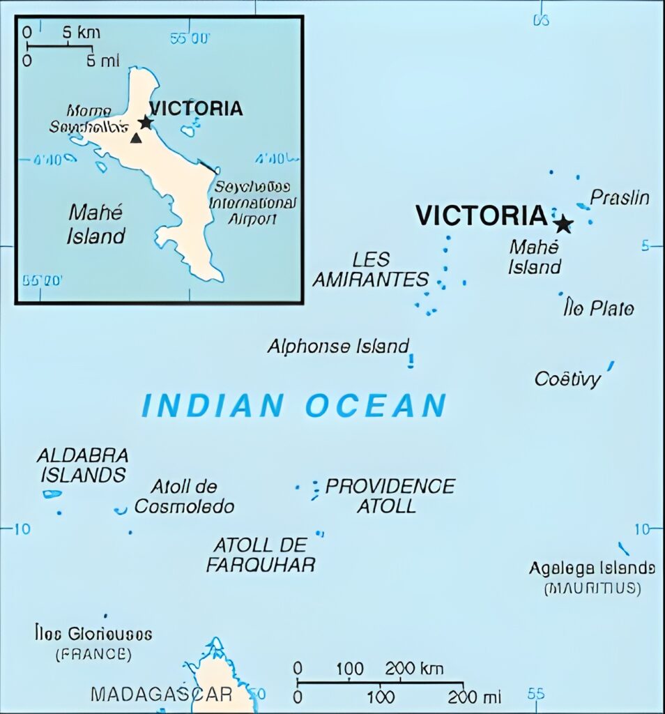 Carte des îles et atolls qui composent les Seychelles