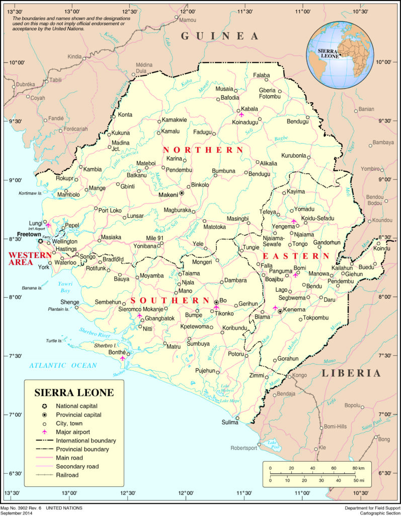 Carte des principales villes de Sierra Leone.