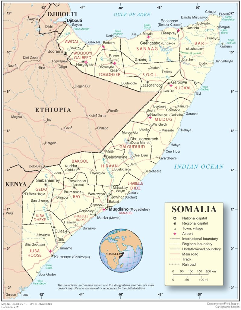 Carte des principales villes de Somalie.