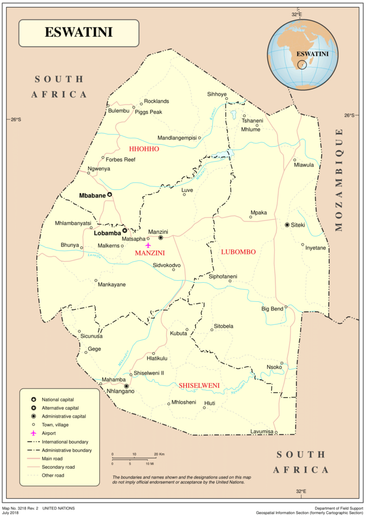 Carte des principales villes d’Eswatini.