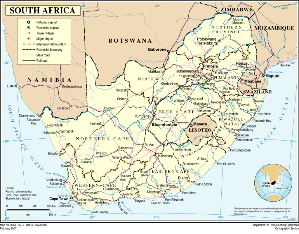 Carte des principales villes d'Afrique du Sud.