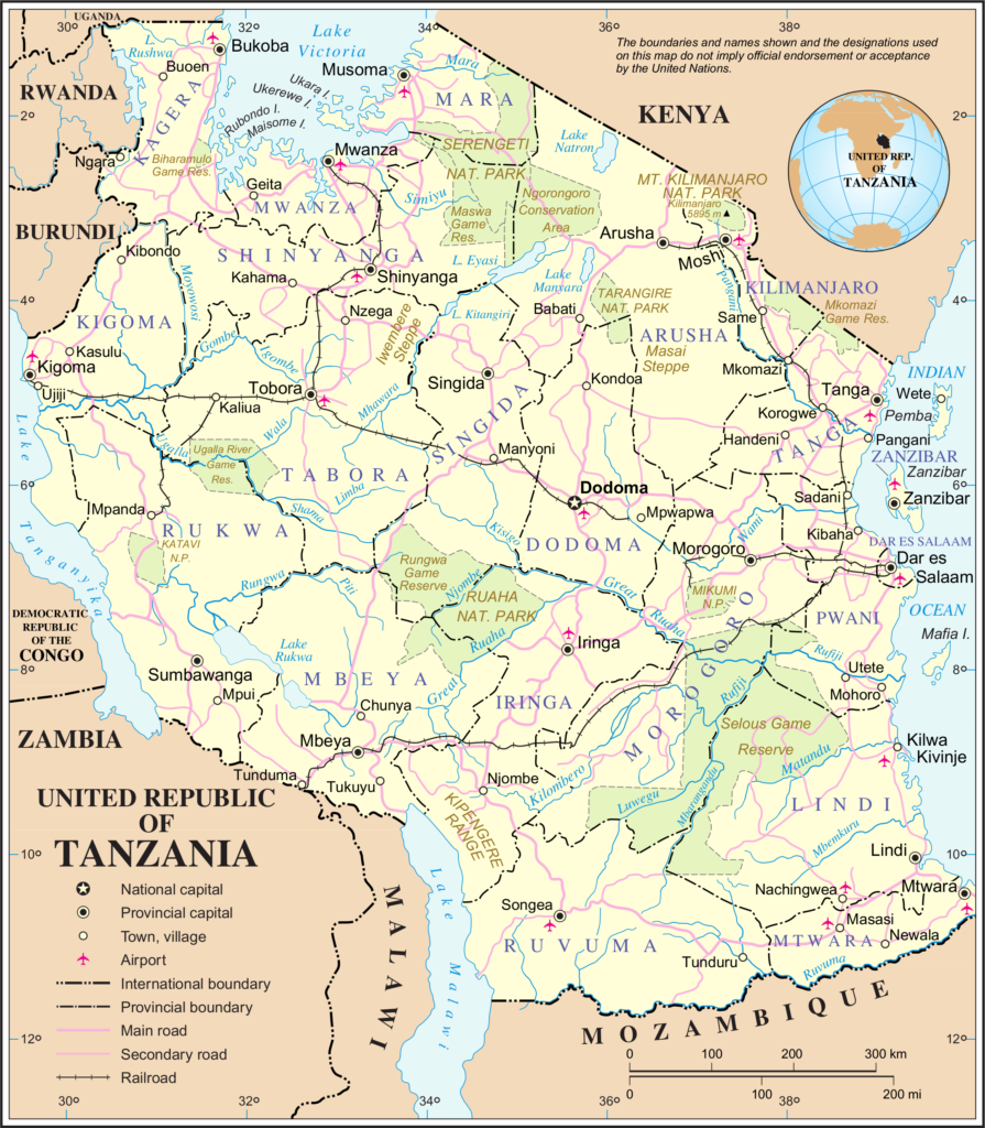 Carte des principales villes de Tanzanie.