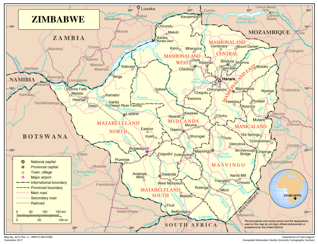 Carte des principales villes du Zimbabwe.