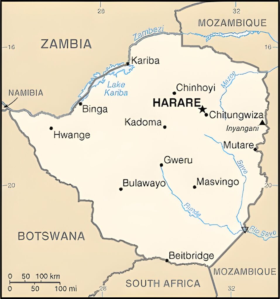 Carte des principales villes du Zimbabwe