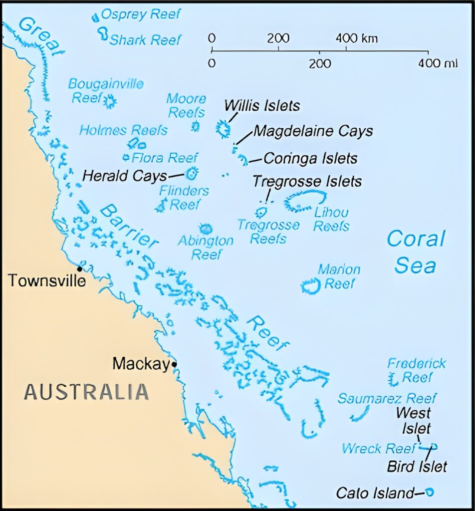 Carte des Îles, îlots et récifs de la mer de Corail