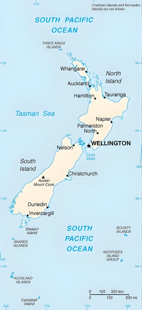 Carte des principales villes de Nouvelle-Zélande
