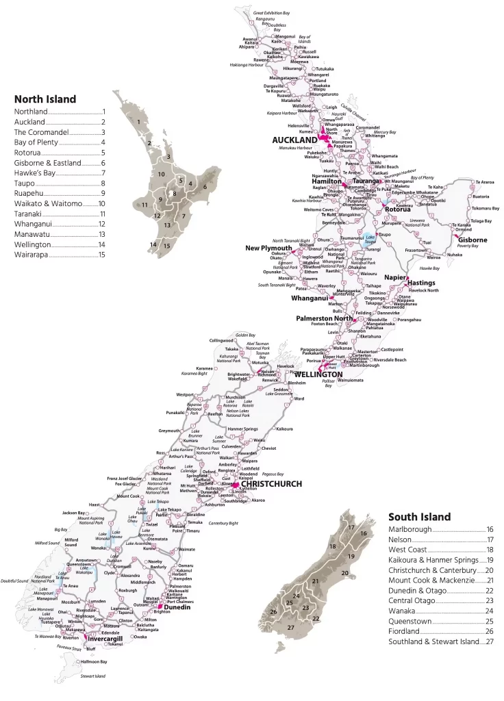 Carte des principales villes de Nouvelle-Zélande.