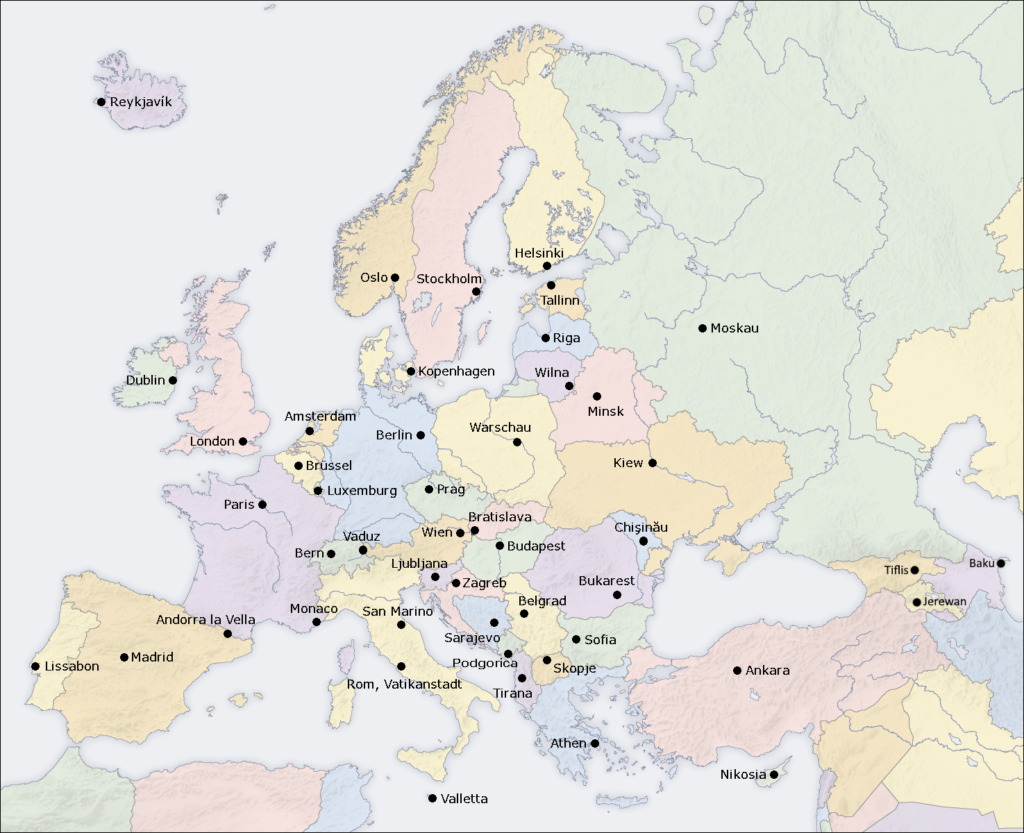 Carte des capitales européennes.