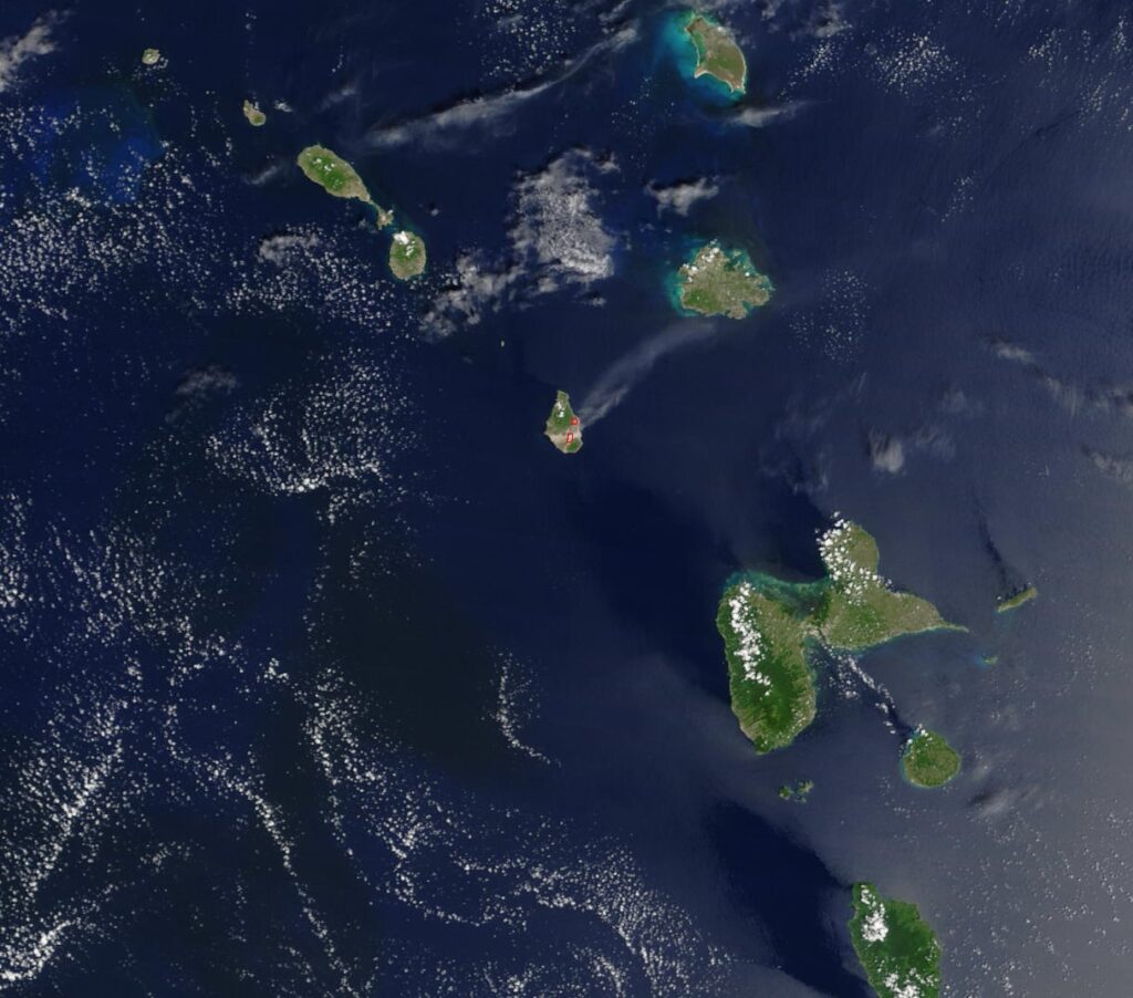 Image satellite du volcan de la Soufrière sur l'île de Montserrat