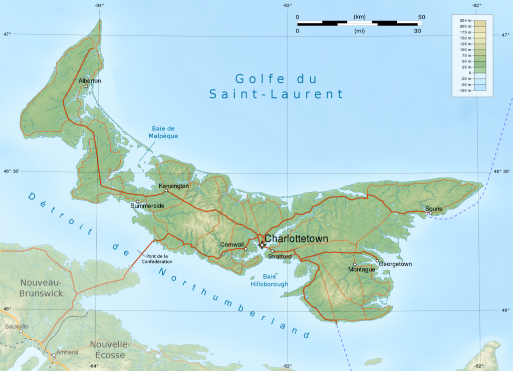 Carte physique de l'Île-du-Prince-Édouard.