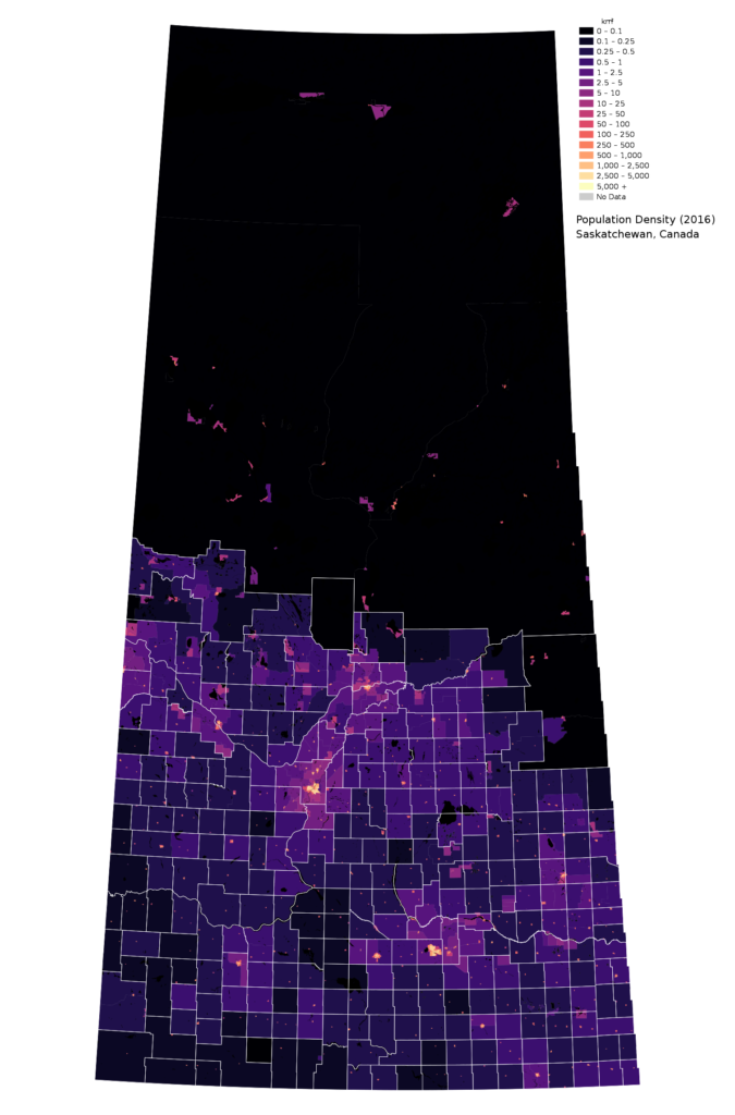 Carte de la densité de population en Saskatchewan.