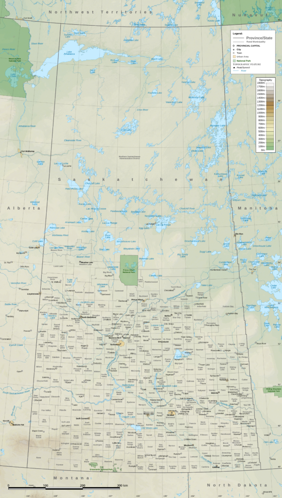 Carte physique de la Saskatchewan.