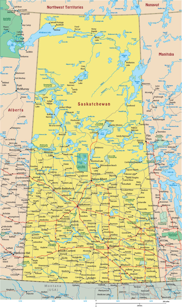 Carte des villes de la Saskatchewan.