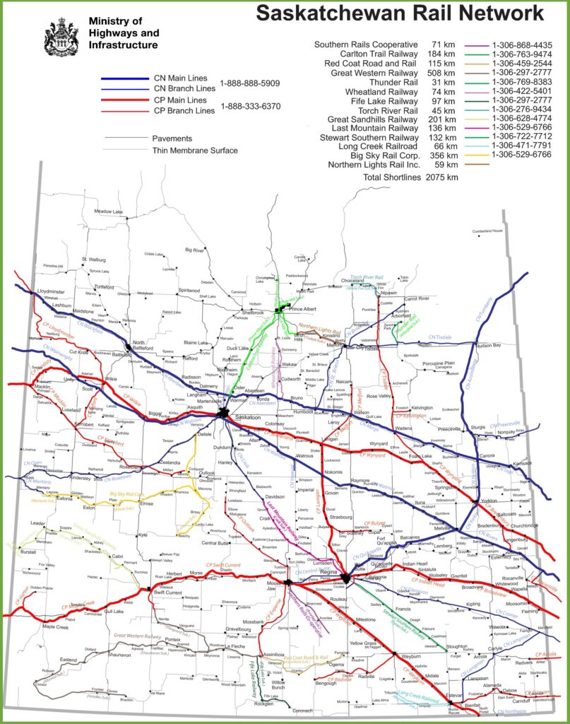 Carte du système ferroviaire de la Saskatchewan.