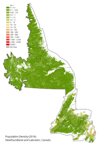 Carte de la densité de population de Terre-Neuve-et-Labrador en 2016.